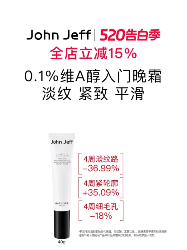 O1CN013v00QO1vcuN6Hxh4G_2206539036194-0-picasso.jpg_q50.jpg_.webp John Jeff0.1%维A醇入门晚霜抗皱紧致淡化细纹视黄醇烟酰胺姐夫